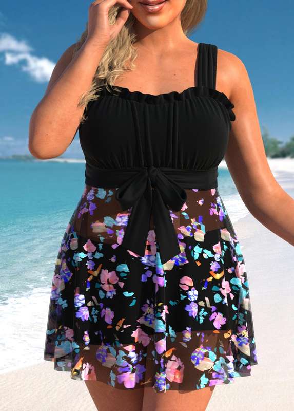 Plus Size Frill Floral Print Black Swimdress Set
