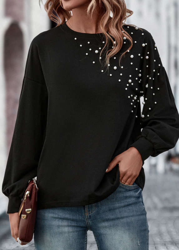 Pearl Black Round Neck Long Sleeve T Shirt