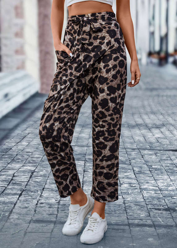 Pocket Leopard Dark Coffee Belted Elastic Waist Pants