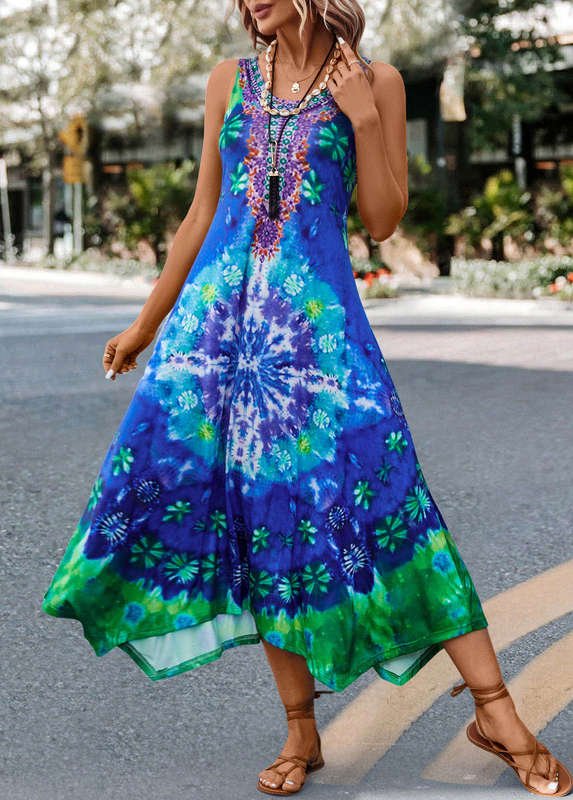 Asymmetry Tie Dye Print Blue H Shape Dress