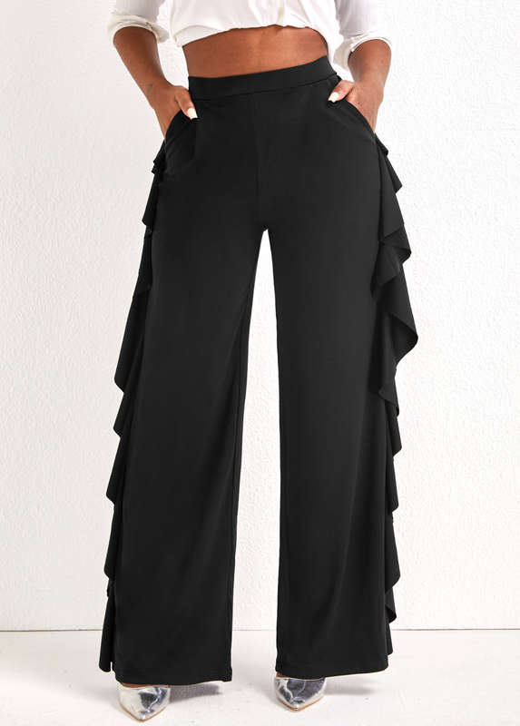Black Wide Leg Ruffle High Waisted Pants