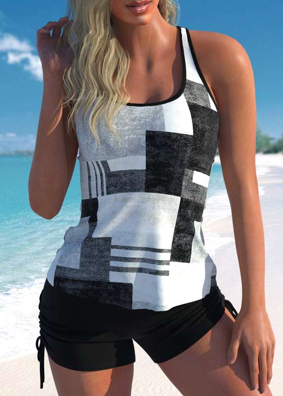 Cut Out Black Geometric Print Tankini Set