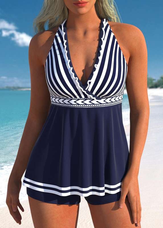 Frill Navy Tie Back Striped Tankini Set