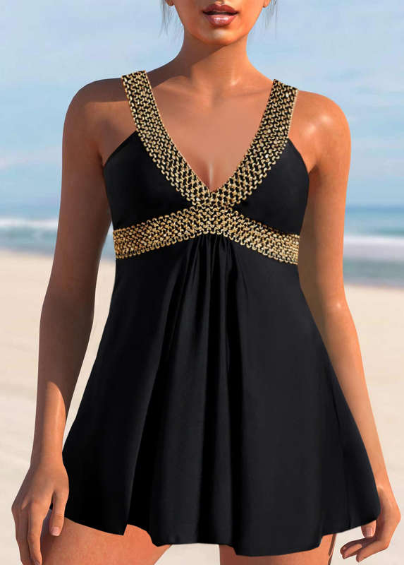 Patchwork Wide Strap Black Swimdress Set