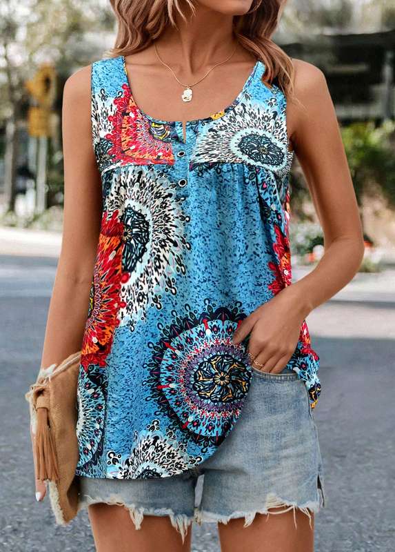 Button Tribal Print Light Blue Tank Top