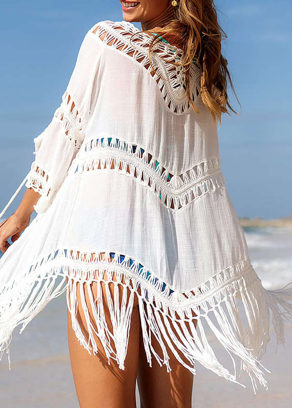 White Tassel Hem 3/4 Sleeve Cover Up