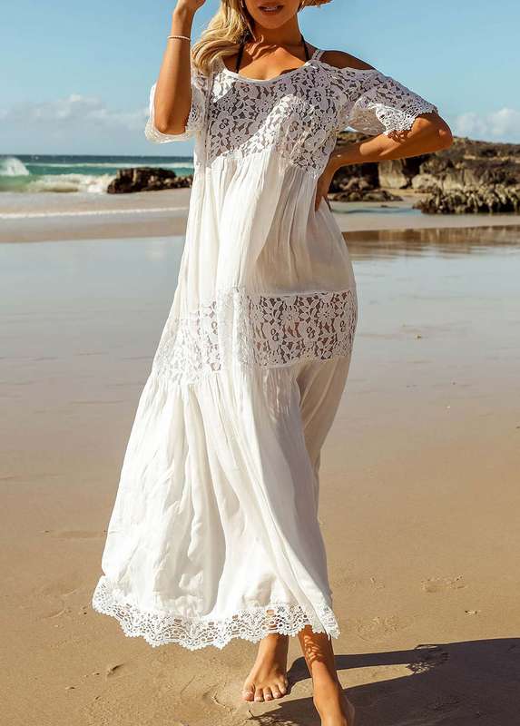 White Round Neck Lace Stitching Cover Up