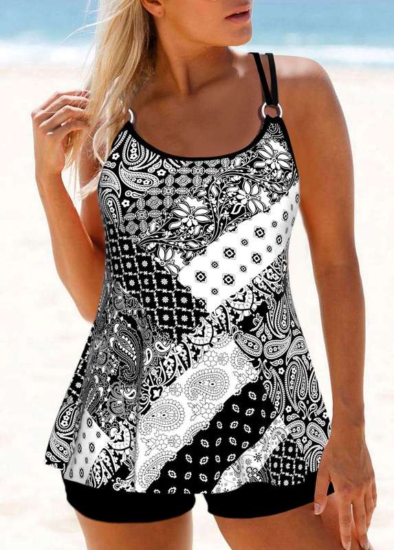 Circular Ring Black Patchwork Tankini Set