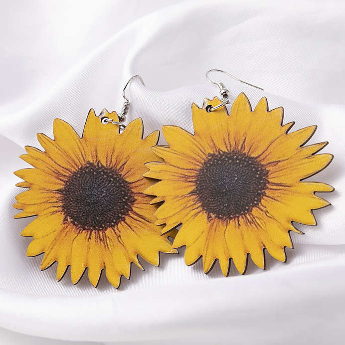 Sunflower Print Faux Leather Ginger Earrings