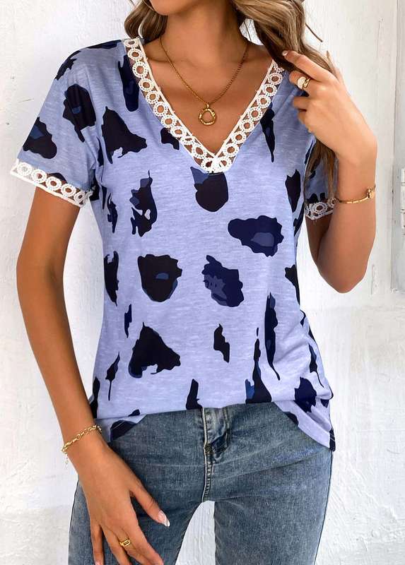 Patchwork Leopard Dusty Blue V Neck T Shirt