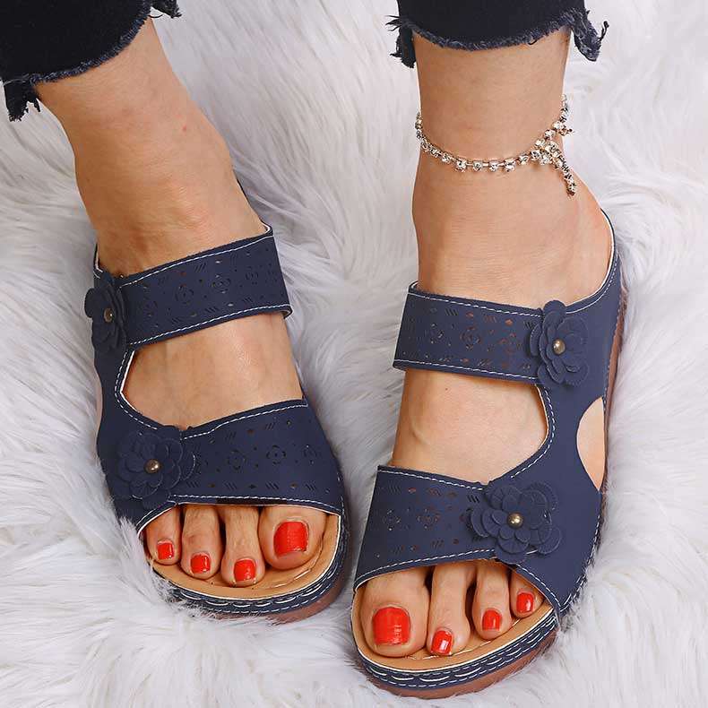 Dark Blue Mid Heel Open Toe Sliders