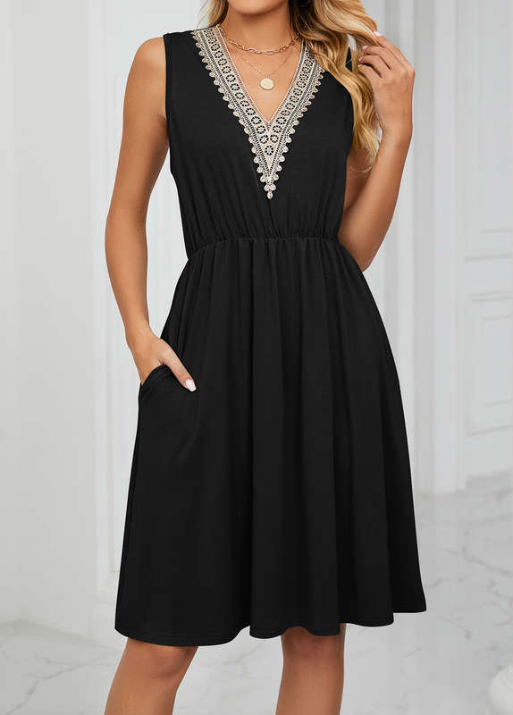 Patchwork Black V Neck Dress