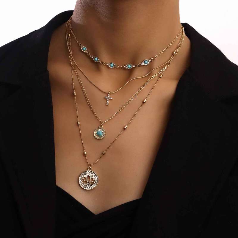 Cross Design Alloy Detail Gold Necklace