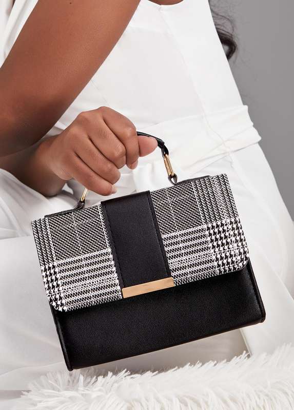 Magnetic Black Houndstooth Print Shoulder Bag