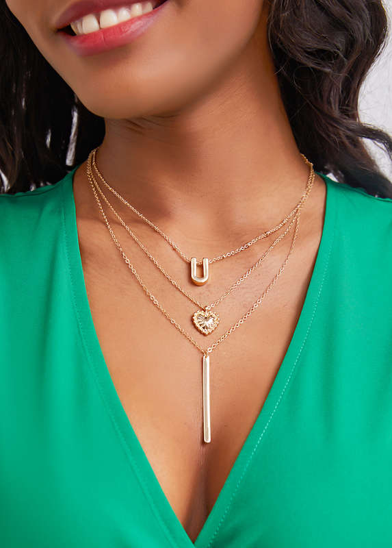 Letter Detail Layered Metal Gold Necklace