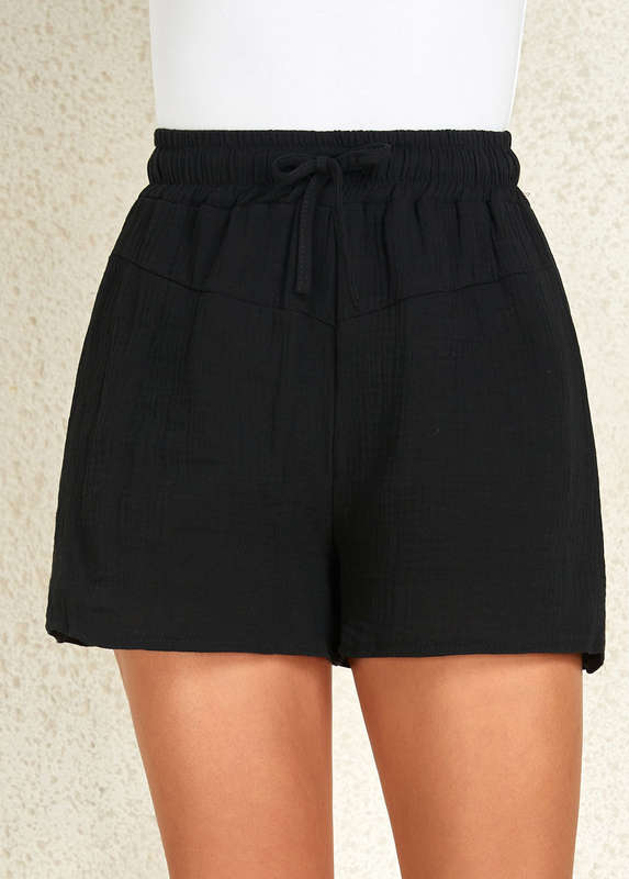 Drawstring Black Regular Elastic Waist High Waisted Shorts