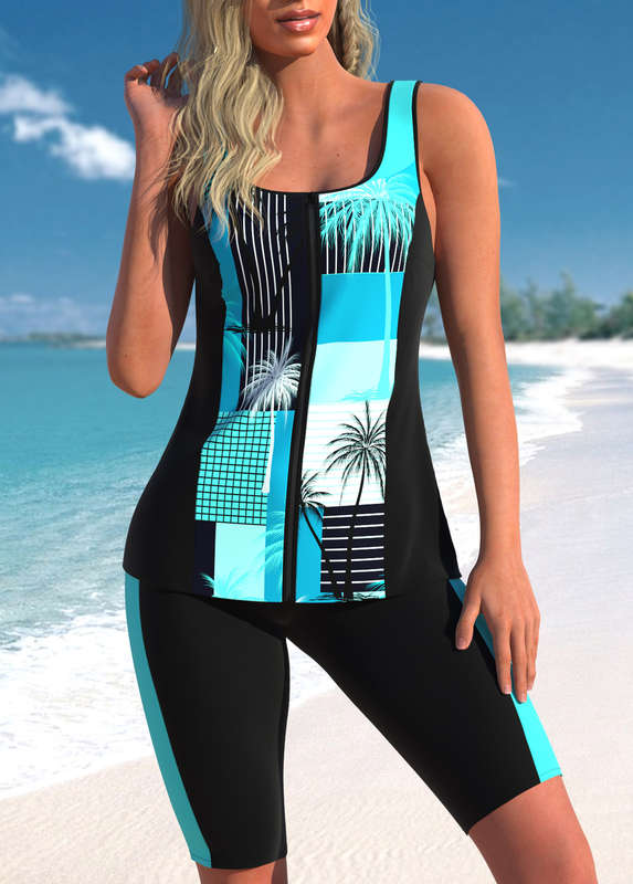 Zipper Cyan Tropical Plants Print Tankini Set