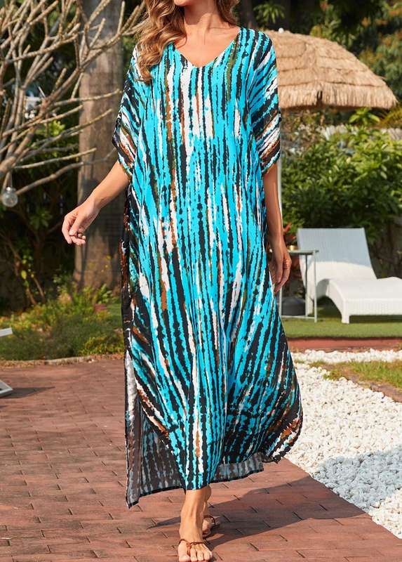 Cyan Side Slit Tie Dye Print Cover Up Dress