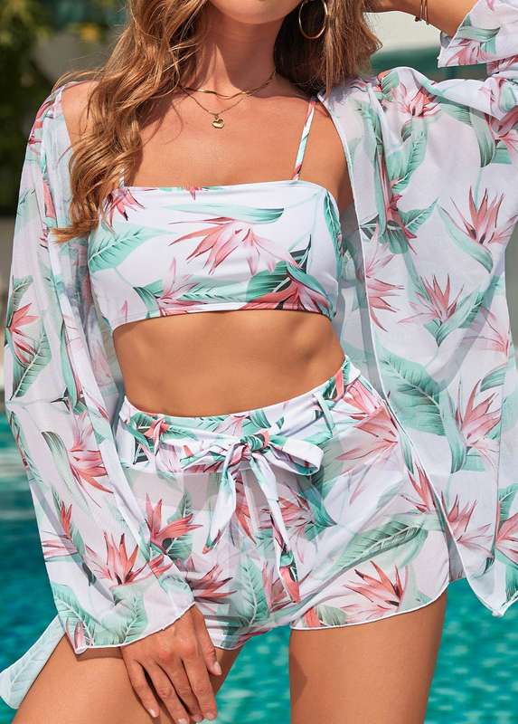 Bowknot Light Green Leaf Print Bikini Set