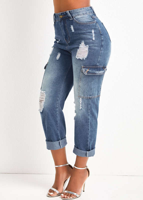 Hole Dark Blue Regular Zipper Fly Jeans