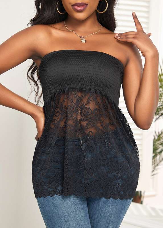 Lace Smocked Black Bandeau Tank Top