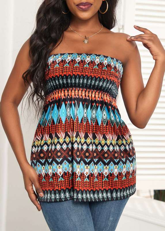 Ruched Tribal Print Multi Color Bandeau Tank Top