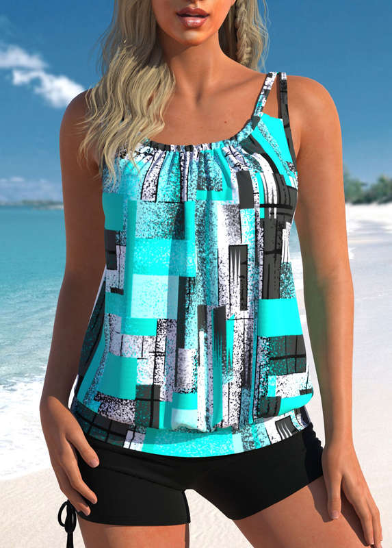 Ruched Cyan Geometric Print Tankini Set
