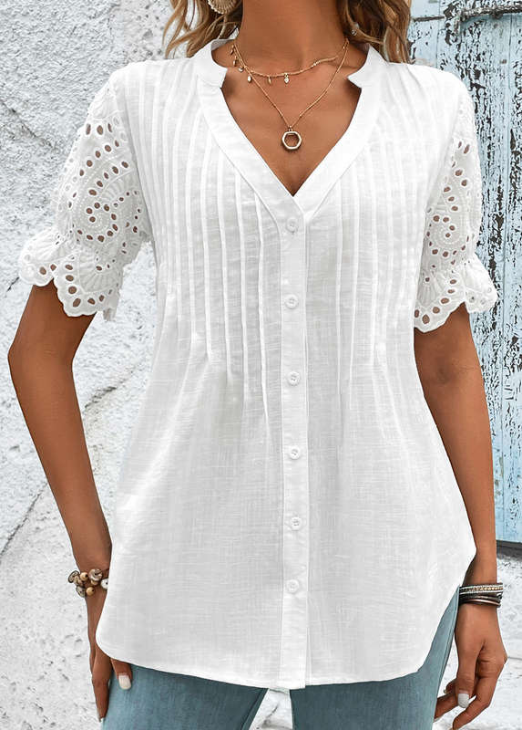 Scalloped Hem White Split Neck Short Sleeve Blouse
