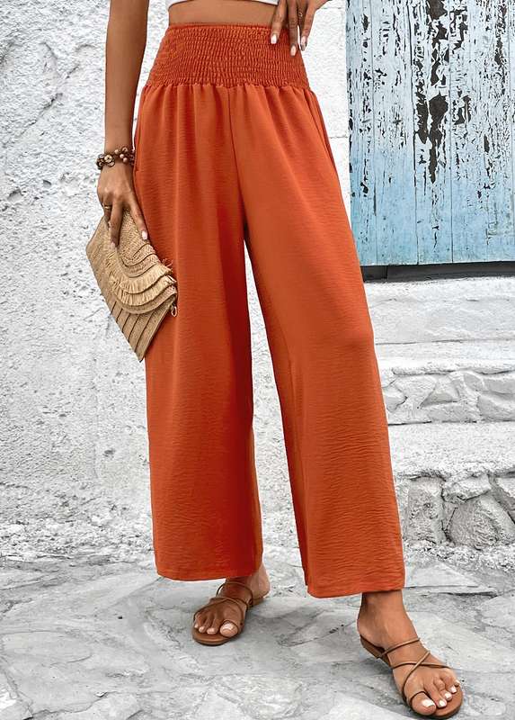 Smocked Brick Red Elastic Waist High Waisted Pants