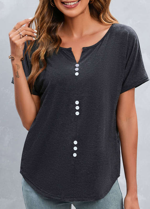 Button Dark Grey Split Neck T Shirt
