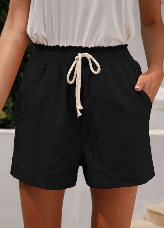 Pocket Black Regular Elastic Waist High Waisted Shorts