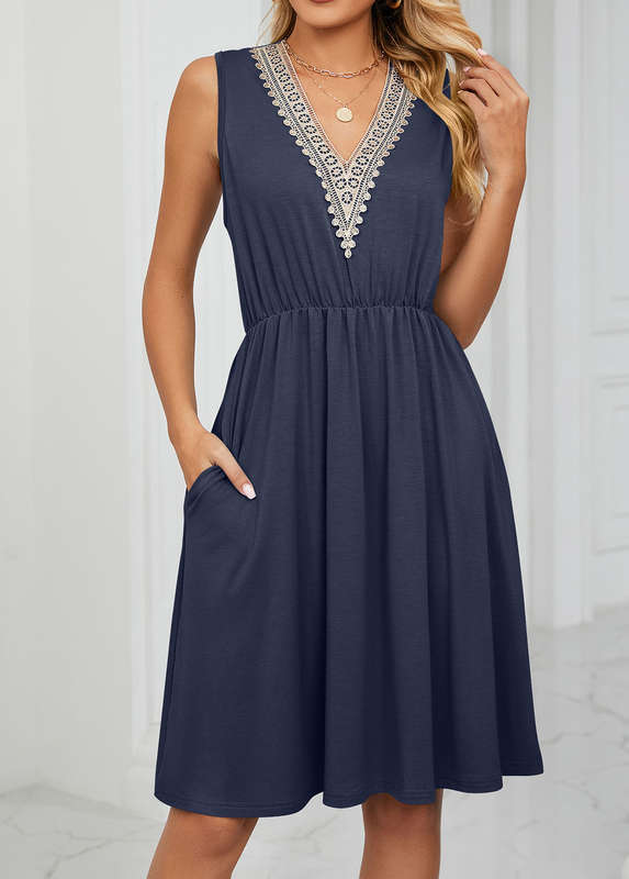 Patchwork Navy V Neck Sleeveless Dress