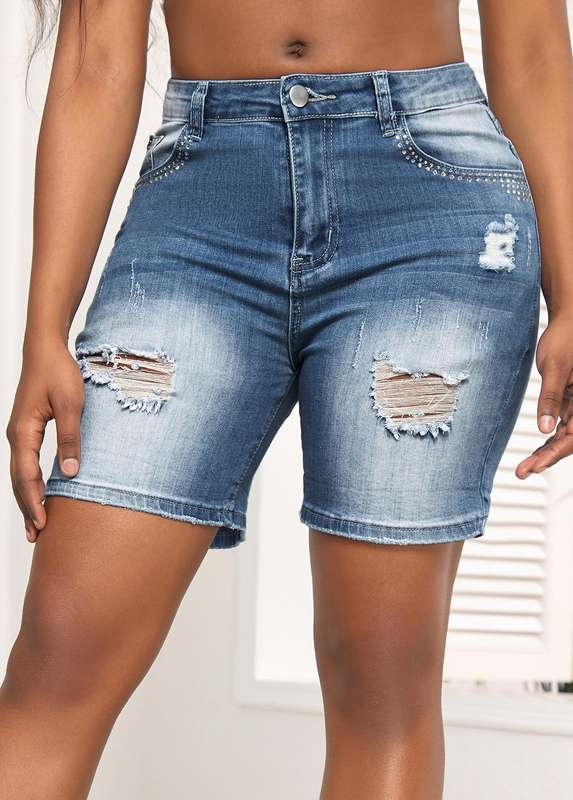 Pocket Denim Blue Skinny Zipper Fly Shorts