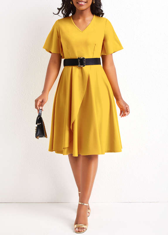Asymmetry Yellow Belted V Neck Short Sleeve Dress