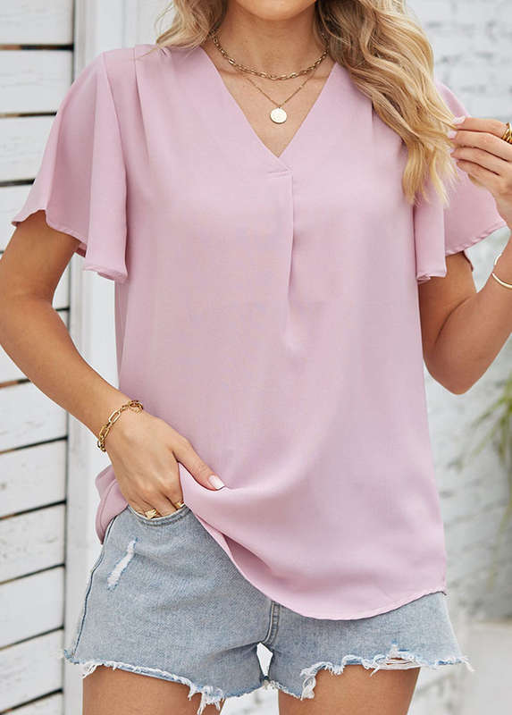 Ruched Pink V Neck Short Sleeve Blouse