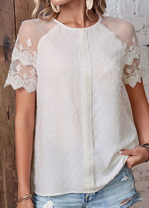 Patchwork White Round Neck Short Sleeve Blouse