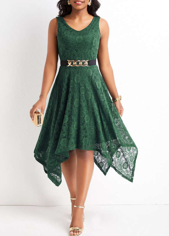 Lace Blackish Green High Low V Neck Dress