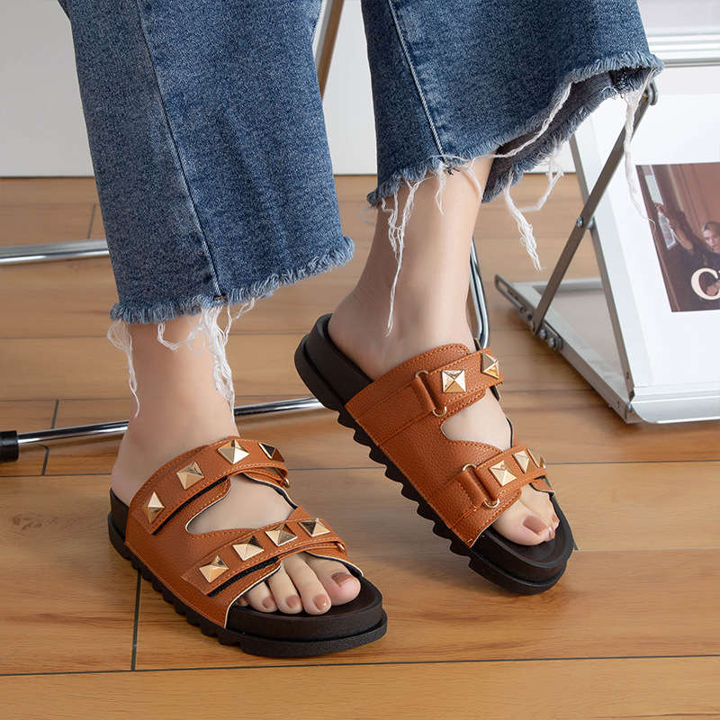 Camel Dark Falt Open Toe Slippers