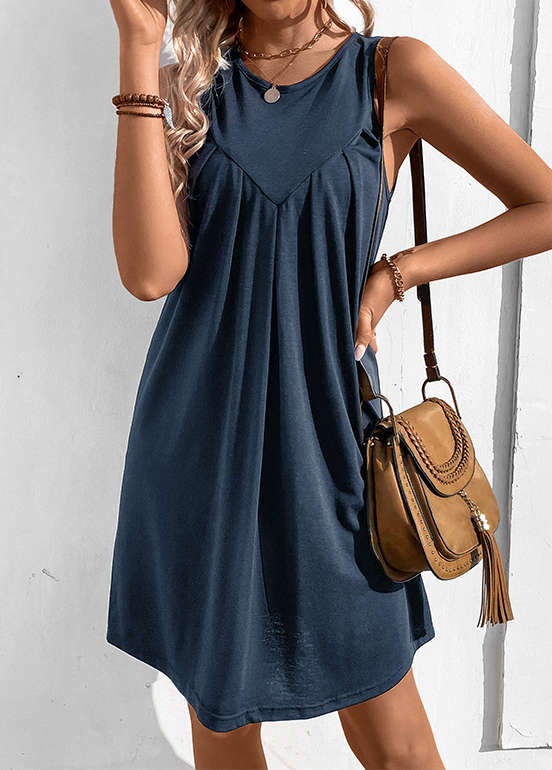 Ruched Navy H Shape Round Neck Sleeveless Dress