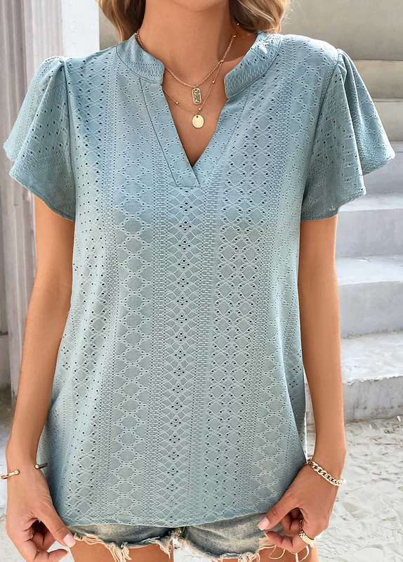 Dusty Blue Split Neck Short Sleeve T Shirt