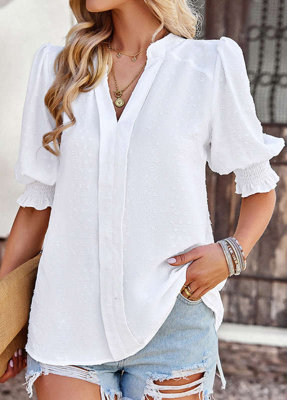 Smocked White Split Neck Half Sleeve Blouse
