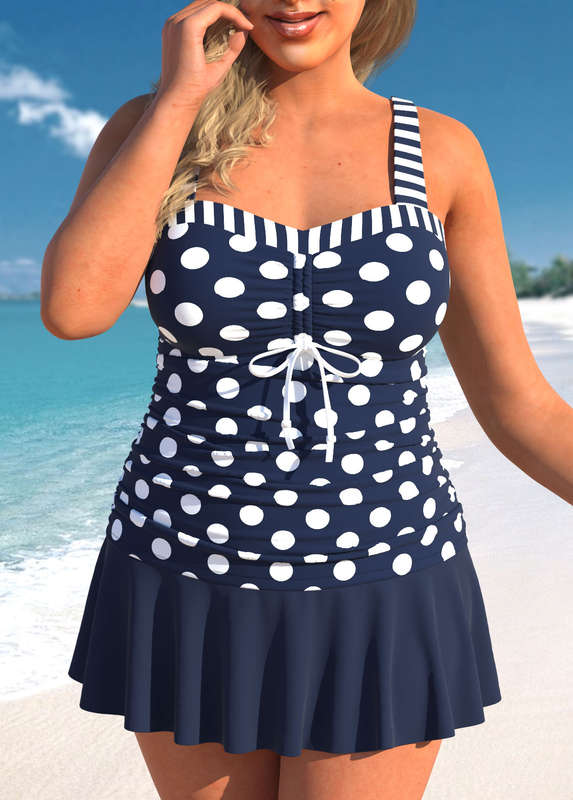 Plus Size Drawstring Polka Dot Navy Tankini Set
