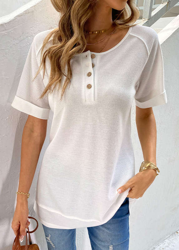 Button White Round Neck Short Sleeve T Shirt