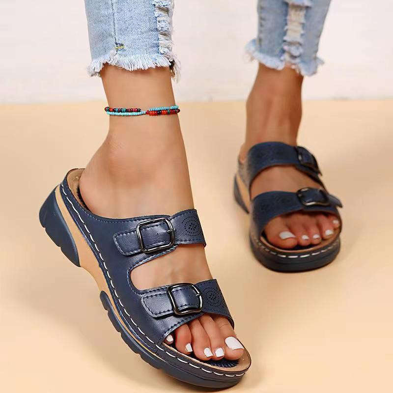 Dark Blue Low Heel Open Toe Slippers