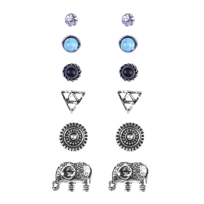 Silver Geometric Pattern Metal Detail Earring Set