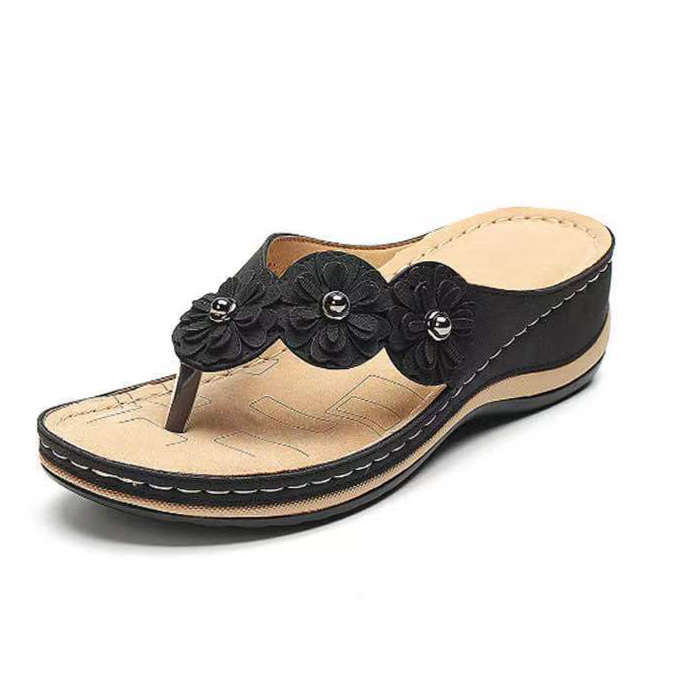 Black Floral Design Low Heel Toe Post Flip Flops