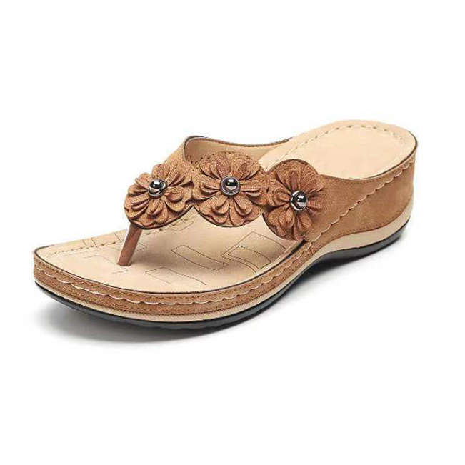 Low Heel Floral Design Dark Camel Flip Flops