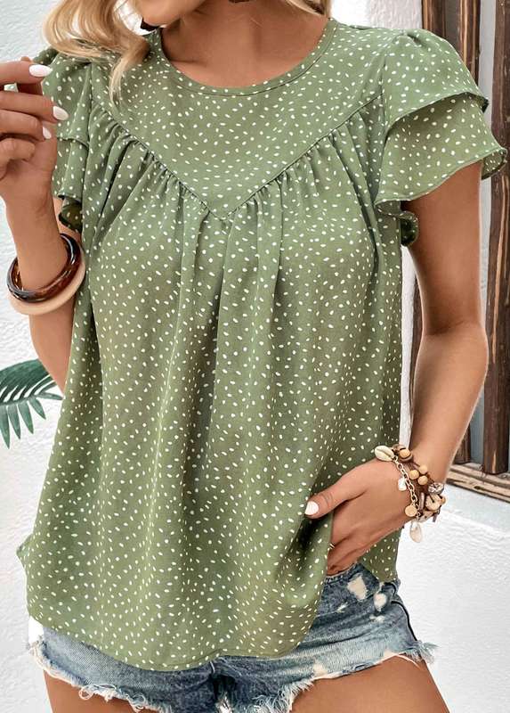 Button Polka Dot Green Round Neck Blouse