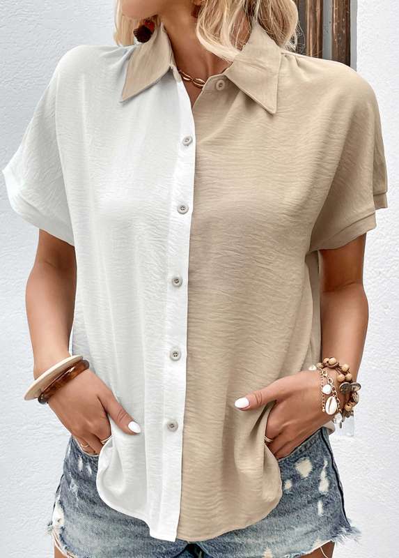 Button White Shirt Collar Short Sleeve Blouse