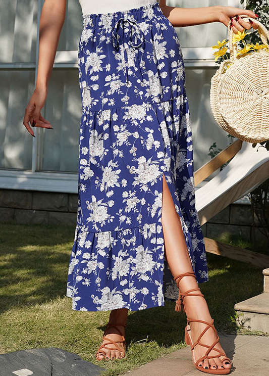 Split Floral Print Dark Blue Elastic Waist Skirt